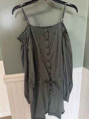 The Kooples Olive Green Cold-Shoulder Button-Front Tunic Romper